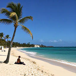 Caribbean Holidays, January Business Class, Sunny January beach on St Thomas in the United States Virgin Islands with turquoise sea, palm trees and a relaxed traveller