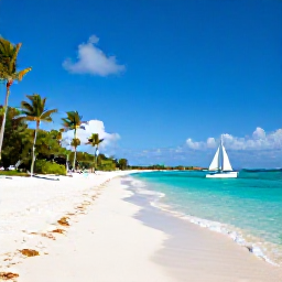 Caribbean Holidays, January Business Class, White sandy beach on Virgin Gorda with clear turquoise sea, palm trees and a small sailing boat under blue skies