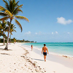 Caribbean Holidays, January Caribbean, A bright Caribbean beach in January with turquoise water, soft white sand, palm trees and a relaxed couple walking beside the sea