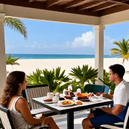 Caribbean Holidays, January Caribbean, A comfortable Caribbean hotel terrace overlooking a sunny beach in January, with breakfast, tropical plants and a couple relaxing in the shade
