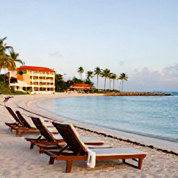 Caribbean Holidays, January Caribbean, A peaceful Caribbean resort beach at sunrise in January, with sun loungers, calm blue water and a small beachfront hotel surrounded by palms