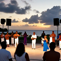 Caribbean Holidays, January Caribbean Culture, Outdoor Caribbean music and dance performance at sunset with local musicians, dancers and an enthusiastic crowd