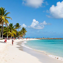 Caribbean Holidays, January Caribbean Culture, Relaxed Caribbean beach with clear turquoise water, palm trees and travellers enjoying a peaceful January afternoon