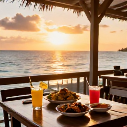 Caribbean Holidays, January Caribbean Escape, Open-air Caribbean restaurant beside the sea at sunset, with local dishes, colourful drinks and a relaxed holiday atmosphere