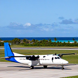 Caribbean Holidays, January Caribbean Escape, Small Caribbean aircraft arriving at a tropical island airport, with palm trees, turquoise sea and a clear January sky