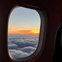 Caribbean Holidays, January Caribbean Holidays, Business class passenger enjoying a comfortable return flight while sunset glows above Caribbean clouds