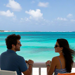 Caribbean Holidays, January Caribbean Holidays, Couple enjoying a relaxed Caribbean morning on a balcony overlooking a bright turquoise bay