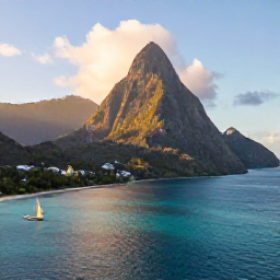 Caribbean Holidays, January Caribbean Hopping, Aerial view of Saint Lucia with the Pitons, turquoise sea and a small sailing boat in warm January sunshine