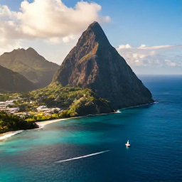 Caribbean Holidays, January Caribbean Hopping, Aerial view of Saint Lucia&rsquo;s green volcanic coastline, turquoise sea and small sailing boat in warm January sunshine