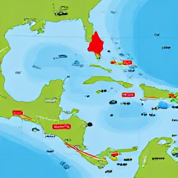 Caribbean Holidays, January Caribbean Hopping, Colourful Caribbean map with Saint Lucia highlighted, surrounded by tropical islands, airport routes and a small cruise boat