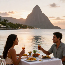 Caribbean Holidays, January Caribbean Hopping, Couple relaxing at a waterfront restaurant in Saint Lucia at sunset, with Caribbean dishes and calm sea in the background