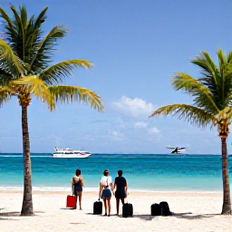 Caribbean Holidays, January Caribbean Hopping, Inter-island ferry and small aircraft connecting tropical Caribbean islands, with bright sea, palm trees and travellers carrying luggage