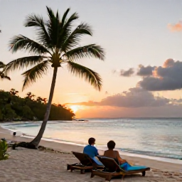 Caribbean Holidays, January Caribbean Hopping, Relaxed Saint Lucia beach scene at sunset with loungers, palm trees, calm turquoise water and a couple enjoying a Caribbean evening
