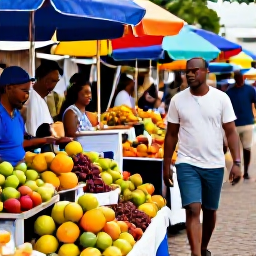 Caribbean Holidays, January Caribbean Hopping, Traveller walking through a colourful Saint Lucia market with fresh tropical fruit, spices and friendly local traders