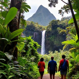 Caribbean Holidays, January Caribbean Hopping, Visitors walking through Saint Lucia rainforest towards a waterfall, with lush foliage, tropical light and volcanic hills in the background