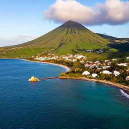 Caribbean Holidays, January Caribbean Multi-Centre, Aerial view of Montserrat's green volcanic coastline, clear Caribbean water and a small coastal village in warm January sunshine