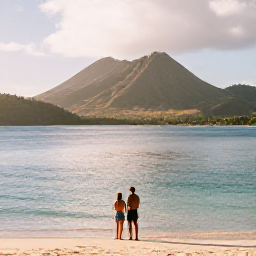 Caribbean Holidays, January Caribbean Multi-Centre, Couple enjoying a calm Caribbean beach on Montserrat in January, with volcanic hills, warm sunlight and turquoise water