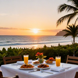 Caribbean Holidays, January Caribbean Multi-Centre, Outdoor Caribbean dining table in Montserrat at sunset, local dishes, tropical drinks and a view across the sea