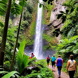 Caribbean Holidays, January Caribbean Tours, Caribbean island tour through lush rainforest with a waterfall, tropical plants and travellers on a guided trail