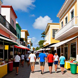Caribbean Holidays, January Caribbean Tours, Colourful Caribbean town with colonial buildings, local market stalls and visitors enjoying a guided walking tour