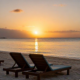 Caribbean Holidays, January Caribbean Tours, Peaceful Caribbean resort beach at sunset in January with comfortable loungers, calm sea and warm golden light