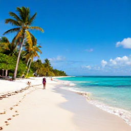 Caribbean Holidays, January Caribbean Tours, Sunny Caribbean beach in January with clear turquoise water, palm trees and a relaxed traveller exploring the shoreline