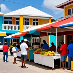 Caribbean Holidays, January Caribbean, Visitors enjoying a colourful Caribbean market street in January, with local food stalls, tropical fruit, music and welcoming island architecture