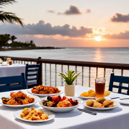 Caribbean Holidays, January Cayman Holidays, Outdoor table at a stylish Cayman Islands restaurant serving fresh seafood at sunset