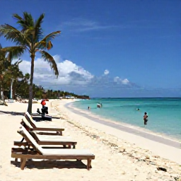 Caribbean Holidays, January Cayman Holidays, White sandy Seven Mile Beach with sun loungers, palm trees and adults swimming in clear Caribbean water