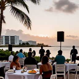 Caribbean Holidays, January City Breaks, Caribbean city waterfront at sunset with outdoor tables, local food and musicians performing nearby