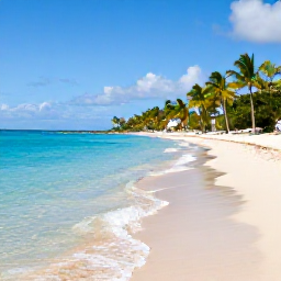 Caribbean Holidays, January City Breaks, Clear turquoise water and a sandy beach at Cable Beach near Nassau, Bahamas, with palm trees and January sunshine
