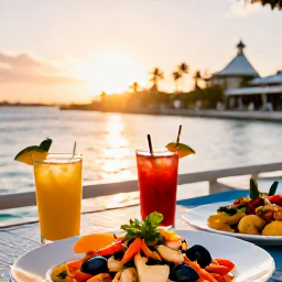Caribbean Holidays, January City Breaks, Colourful Bahamian seafood dishes and tropical drinks served at a waterfront restaurant in Nassau at sunset
