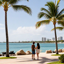 Caribbean Holidays, January City Breaks, Couple enjoying a sunny Nassau waterfront promenade in January, with palm trees, harbour views and relaxed island atmosphere