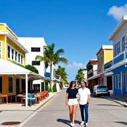 Caribbean Holidays, January City Breaks, Happy couple exploring a sunny Caribbean city in January, with colourful streets, palm trees and welcoming local caf&eacute;s