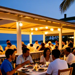 Caribbean Holidays, January City Breaks, Outdoor Caribbean restaurant in Basseterre at dusk, with local dishes, relaxed diners, warm lights and a lively but friendly atmosphere