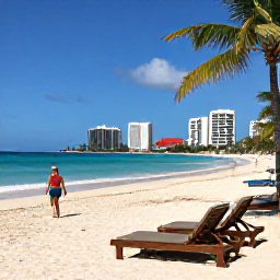 Caribbean Holidays, January City Breaks, Relaxed Caribbean beach near a vibrant city, with sun loungers, turquoise water and a visitor enjoying the afternoon