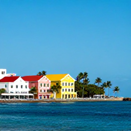 Caribbean Holidays, January City Breaks, Sunny Caribbean city waterfront in January, with colourful colonial buildings, palm trees and clear blue skies