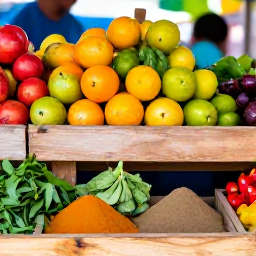 Caribbean Holidays, January Cooking Holidays, A colourful Dominican Republic market in January with fresh tropical fruit, herbs, peppers and local spices on wooden stalls