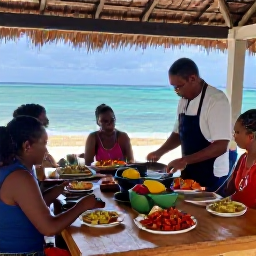 Caribbean Holidays, January Cooking Holidays, A friendly outdoor Caribbean cooking class with a local chef, guests preparing colourful island food at a rustic kitchen near the sea