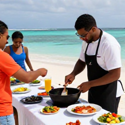 Caribbean Holidays, January Cooking Holidays, A friendly outdoor cooking class overlooking turquoise Caribbean water, with a chef preparing fresh fish and island vegetables
