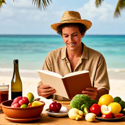 Caribbean Holidays, January Cooking Holidays, A happy traveller returning home with Caribbean cooking ingredients and a recipe notebook, warm island colours and a relaxed holiday atmosphere