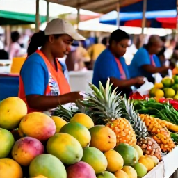 Caribbean Holidays, January Cooking Holidays, A lively Caribbean market in January filled with ripe mangoes, pineapples, peppers, herbs and friendly local traders