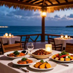 Caribbean Holidays, January Cooking Holidays, A relaxed Caribbean evening with a beautifully prepared local meal, outdoor dining, lanterns and the sea in the background