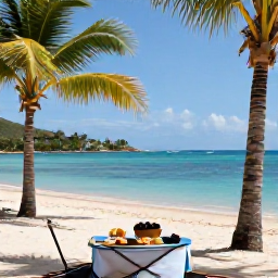 Caribbean Holidays, January Cooking Holidays, A sunny January beach scene in the United States Virgin Islands with calm turquoise water, palm trees and a small picnic of local food
