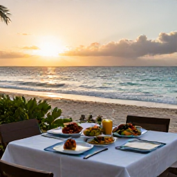 Caribbean Holidays, January Cooking Holidays, Barbados beach at sunset with a laid-back outdoor dining table, local dishes and gentle Caribbean Sea in the background