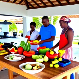 Caribbean Holidays, January Cooking Holidays, Barbados cooking class in a bright open-air kitchen, with fresh tropical produce and local ingredients on wooden tables
