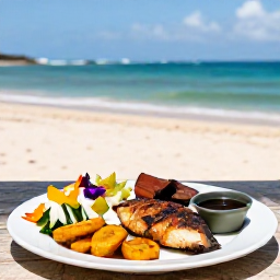 Caribbean Holidays, January Cooking Holidays, Freshly prepared Caribbean lunch served beside a sunny beach on Nevis, with grilled fish, salad, plantain and a gentle sea view