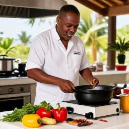 Caribbean Holidays, January Cooking Holidays, Local cook preparing Caribbean dishes in a welcoming open-air kitchen on Saint Kitts, with colourful peppers, herbs and spices on the table