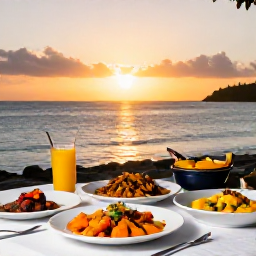 Caribbean Holidays, January Cooking Holidays, Relaxed Caribbean dining table at sunset on Saint Kitts, featuring colourful homemade dishes, local drinks and a view of the sea