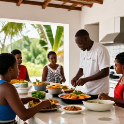 Caribbean Holidays, January Cooking Holidays, Small group cooking lesson in a stylish Barbadian villa kitchen, guests preparing Caribbean dishes with an experienced local chef